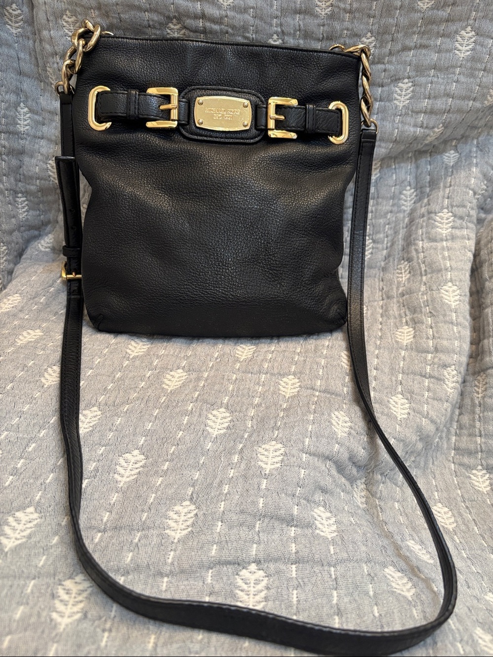 Micheal Kors Black Leather Crossbody Bag with Gold Hardware